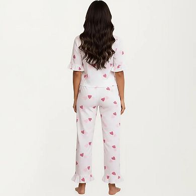 2-Piece Set V Neck Tie Front Pajama Top with Ruffle Sleeve Detail and Pants Printed Sleepwear Set