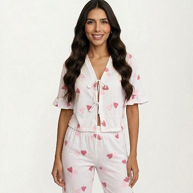 2-Piece Set V Neck Tie Front Pajama Top with Ruffle Sleeve Detail and Pants Printed Sleepwear Set