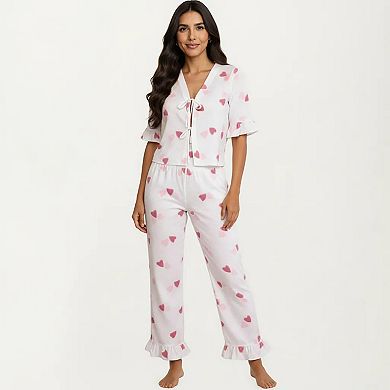 2-Piece Set V Neck Tie Front Pajama Top with Ruffle Sleeve Detail and Pants Printed Sleepwear Set
