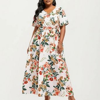 Short Sleeve V Neck Maxi Dress with Floral Print Waist Tie Flowy A Line Long Dress