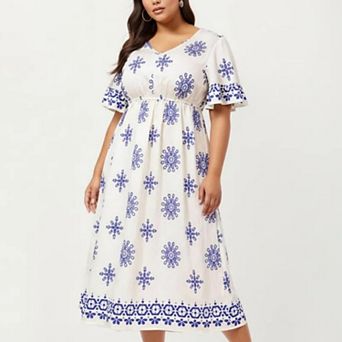 V Neck Midi Dress with Elastic Waist All Over Print Border Detail Flowy Fit Casual Dress