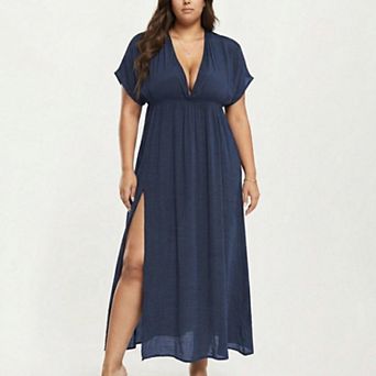 Plus Size Maxi Dress with Deep V Neck Short Sleeve Loose Fit Flowy Casual Long Dress