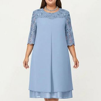 Plus Size Lace Yoke Midi Dress with Sheer Sleeve Detail and Layered Hem Flowy Elegant Dress