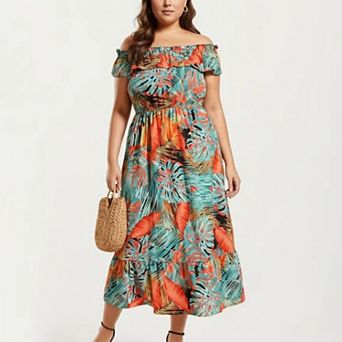 Off Shoulder Tropical Print Midi Dress with Ruffle Neckline Elastic Waist Tiered Hem Flowy Dress