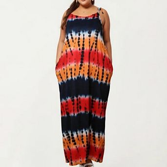 Plus Size Maxi Dress with Adjustable Strap Scoop Neck Tie Dye Print Loose Fit Casual Dress