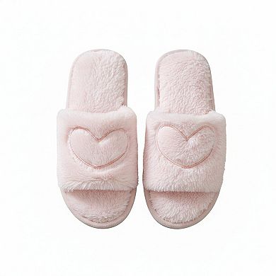Women's Plush Heart Detail Slide Slippers with Cushioned Sole