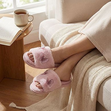 Women's Plush Slide Slippers with Embroidered Butterfly Detail