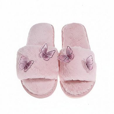Women's Plush Slide Slippers with Embroidered Butterfly Detail