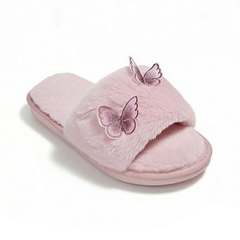 Women's Plush Slide Slippers with Embroidered Butterfly Detail