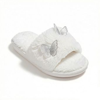 Women's Plush Slide Slippers with Embroidered Butterfly Detail