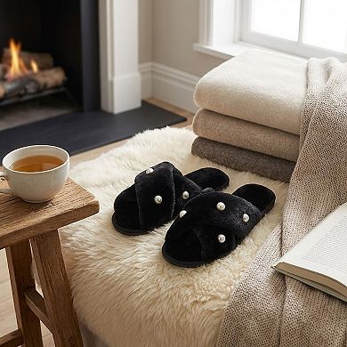 Women's Plush Slide Slippers with Pearl Embellishment Detail