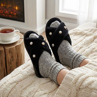Women's Plush Slide Slippers with Pearl Embellishment Detail