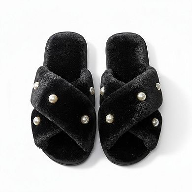 Women's Plush Slide Slippers with Pearl Embellishment Detail
