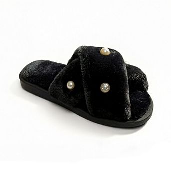 Women's Plush Slide Slippers with Pearl Embellishment Detail