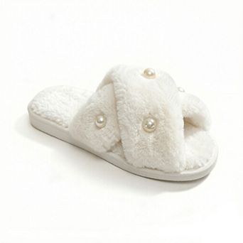 Women's Plush Slide Slippers with Pearl Embellishment Detail