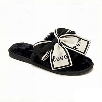Women's Plush Slide Slippers with Bow and Graphic Detail