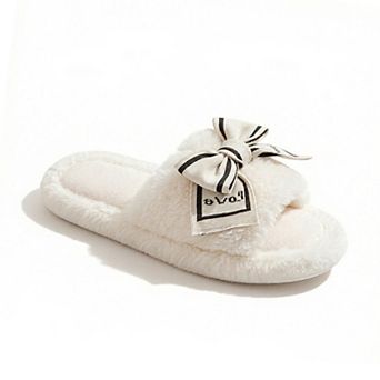 Women's Plush Slide Slippers with Bow and Graphic Detail