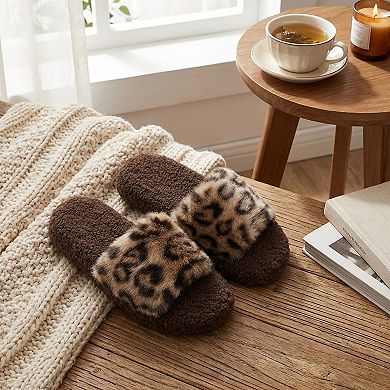 Women's Leopard Faux Fur Slide Slippers with Plush Footbed