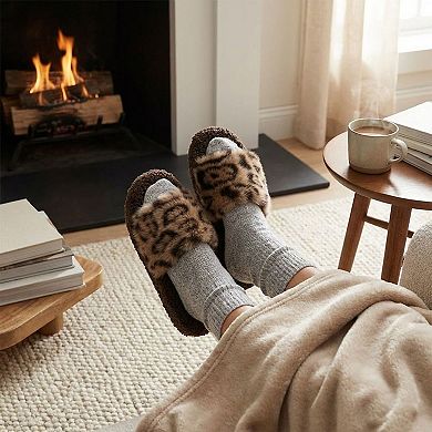Women's Leopard Faux Fur Slide Slippers with Plush Footbed