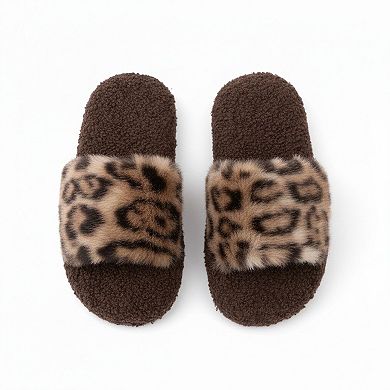 Women's Leopard Faux Fur Slide Slippers with Plush Footbed