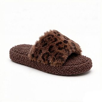 Women's Leopard Faux Fur Slide Slippers with Plush Footbed