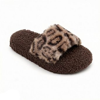 Women's Leopard Faux Fur Slide Slippers with Plush Footbed