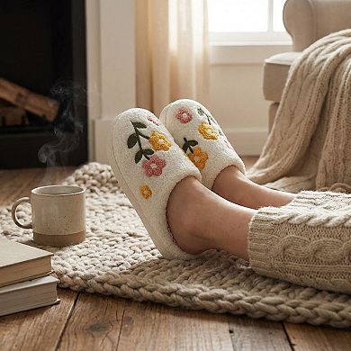 Women's Sherpa Lined Closed Toe Slippers with Floral Embroidery