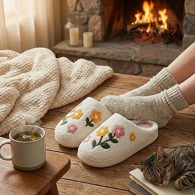 Women's Sherpa Lined Closed Toe Slippers with Floral Embroidery