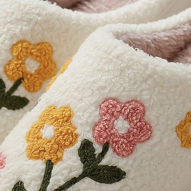 Women's Sherpa Lined Closed Toe Slippers with Floral Embroidery
