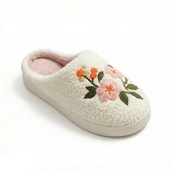 Women's Sherpa Lined Closed Toe Slippers with Floral Embroidery