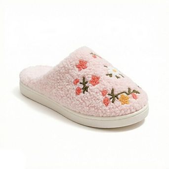 Women's Sherpa Lined Closed Toe Slippers with Floral Embroidery