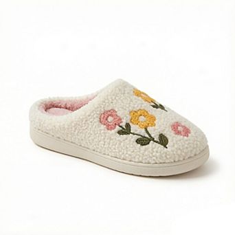 Women's Sherpa Lined Closed Toe Slippers with Floral Embroidery