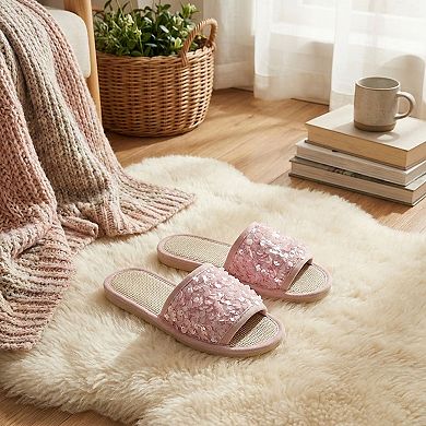 Women's Sequin Indoor Slide Slippers with Cushioned Sole and Breathable Woven Footbed