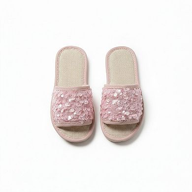 Women's Sequin Indoor Slide Slippers with Cushioned Sole and Breathable Woven Footbed