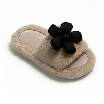 Women's Plush Indoor Slide Slippers with 3D Floral Detail and Cushioned Sole Design