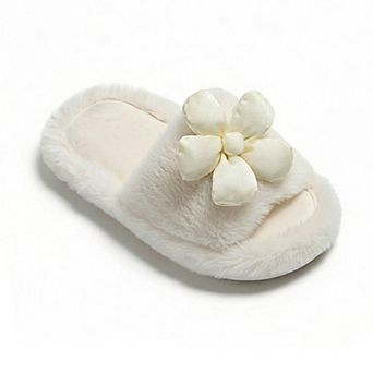 Women's Plush Indoor Slide Slippers with 3D Floral Detail and Cushioned Sole Design