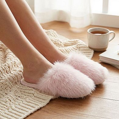 Women's Faux Fur Indoor Slide Slippers with Plush Strap