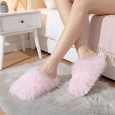 Women's Faux Fur Indoor Slide Slippers with Plush Strap