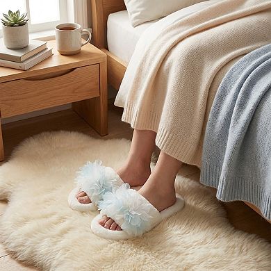 Women's Plush Indoor Slide Slippers with Floral Mesh Detail