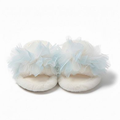 Women's Plush Indoor Slide Slippers with Floral Mesh Detail