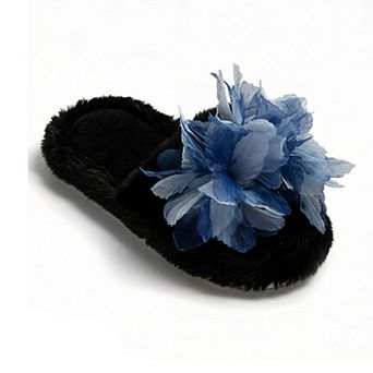 Women's Plush Indoor Slide Slippers with Floral Mesh Detail