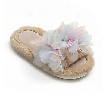 Women's Plush Indoor Slide Slippers with Floral Mesh Detail