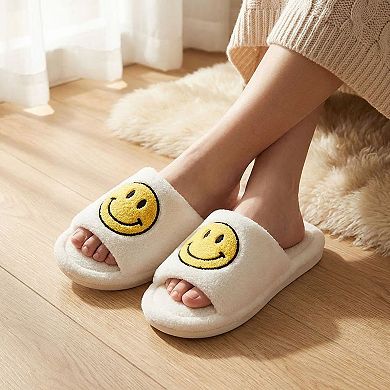 Women's Plush Slide Slippers with Smiley Graphic Detail