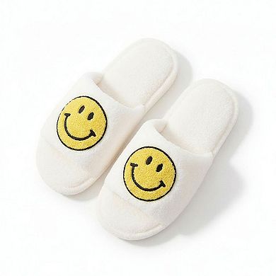Women's Plush Slide Slippers with Smiley Graphic Detail
