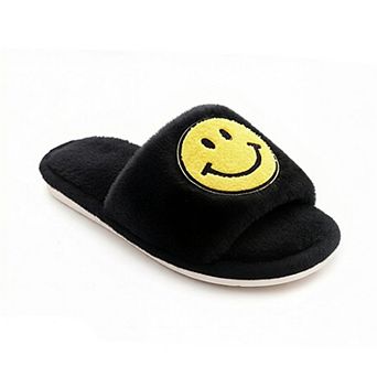 Women's Plush Slide Slippers with Smiley Graphic Detail