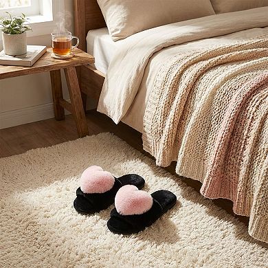 Women's Plush Slide Slippers with Faux Fur Pom Detail