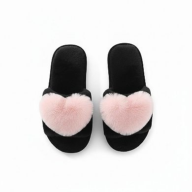 Women's Plush Slide Slippers with Faux Fur Pom Detail