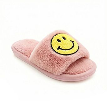 Women's Plush Slide Slippers with Smiley Graphic Detail