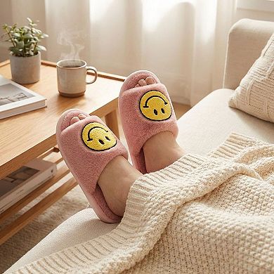 Women's Plush Slide Slippers with Smiley Graphic Detail