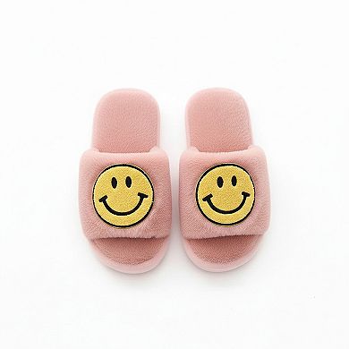 Women's Plush Slide Slippers with Smiley Graphic Detail